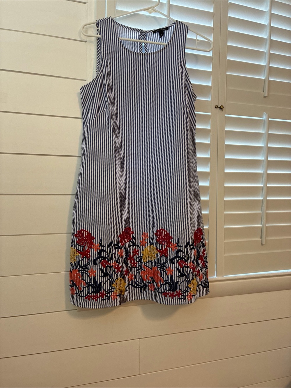 Sam and Jess Sleeveless Blue & White Striped Dress with Floral Hem